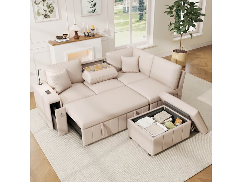  Canapé d’angle convertible en l 5 places 213x184 cm, pouf coffre, table rabattable, 2 porte-gobelets, lampe de lecture, usb et usb-c, effet lin beige Radiant Stride - Conforama D