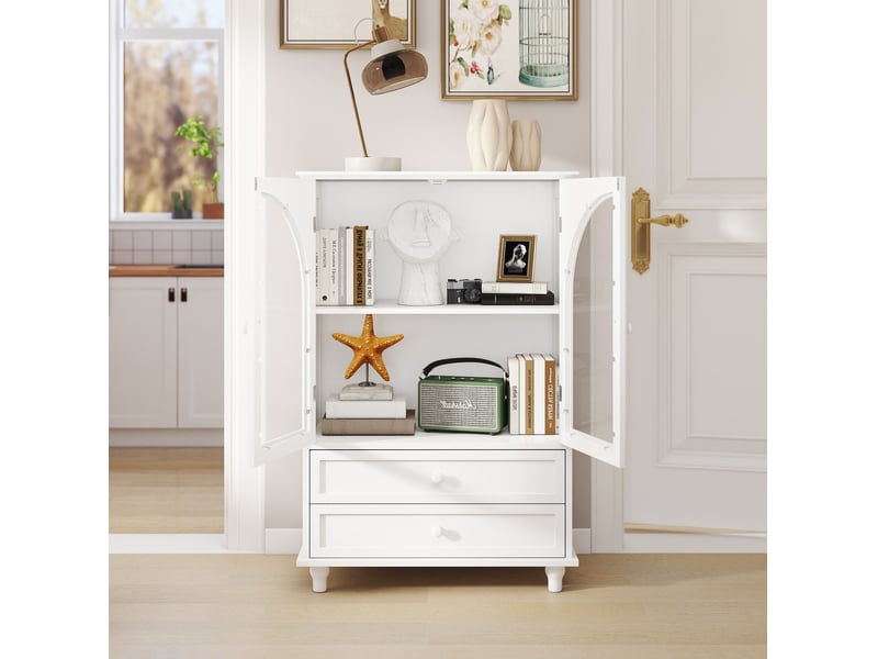  Buffet haut 71x38x106,5 cm avec 2 portes en verre trempé et 2 tiroirs en mdf couleur blanc, design simple  - Conforama D