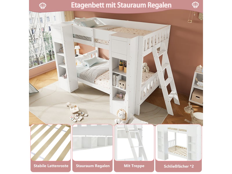 Lit superposé enfant 90x200cm,avec barrière de protection,avec escalier,fille,garcon,cadre en bois massif,blanc - Conforama B