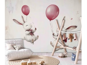 Papier peint panoramique intissé fille lapins gris - 300x210 cm - papier peint enfant