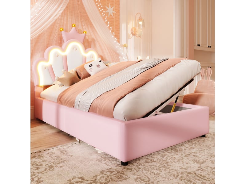  Lit coffre enfant 90x200 cm avec led et tête de lit couronne rose  - Conforama B