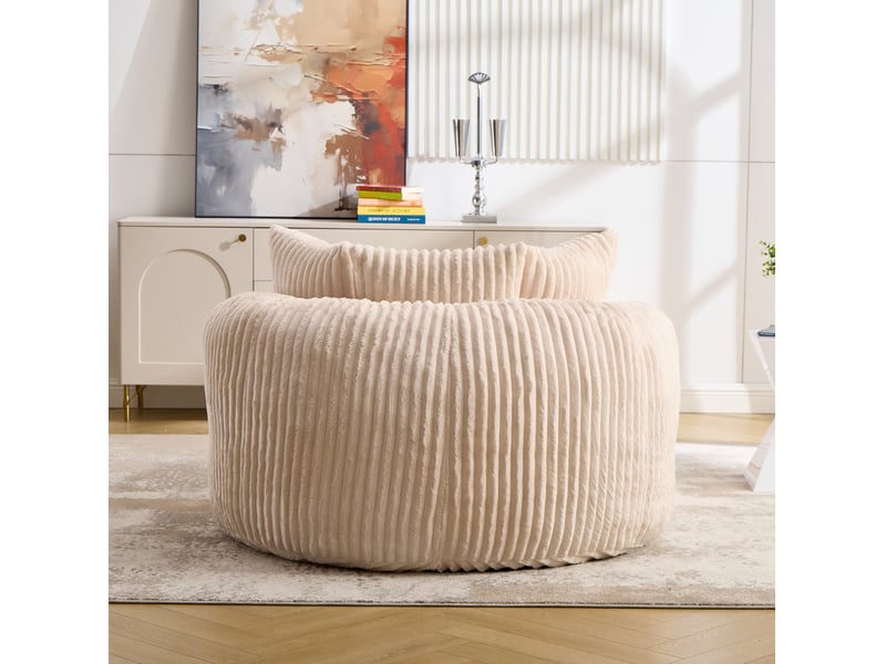 Fauteuil de lecture rond en velours côtelé beige avec pouf mobile et 5 coussins, pour votre salon ou chambre - Conforama E