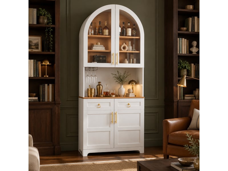  Buffet haut ulevr avec vitrine et rangement, 80 x 40 x 180 cm, led réglable par application, prises et usb, blanc, mdf et panneaux de particules  - Conforama B