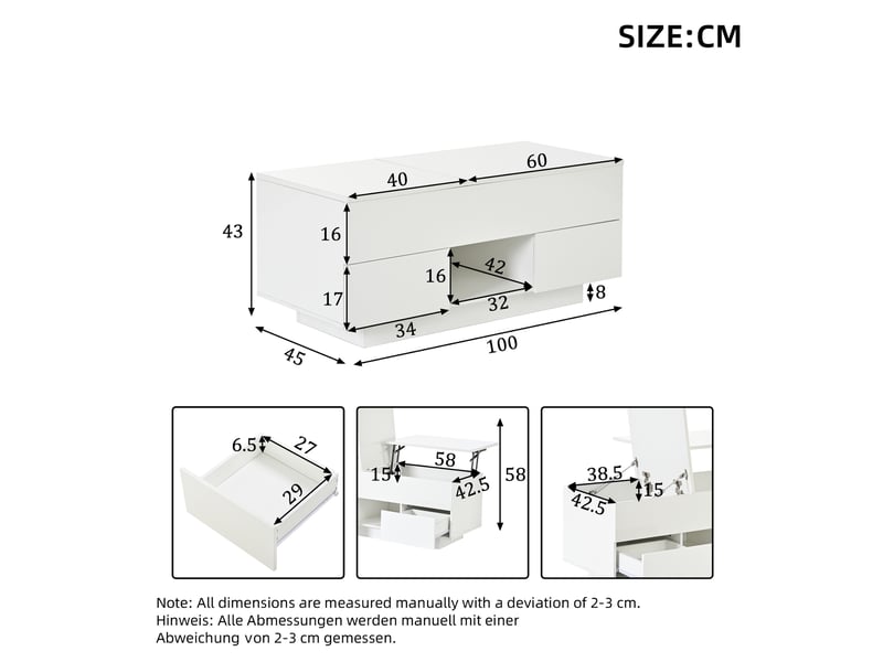  Table basse relevable, table basse avec 2 tiroirs et 2 portes coulissantes, table de salon moderne, 100x50x36 cm, blanc  - Conforama C