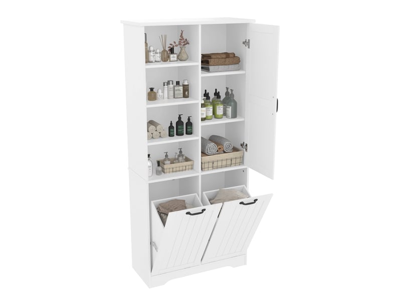  Armoire de salle de bain 78x35x172 cm, laquée anti-humidité, 2 paniers à linge, blanc  - Conforama A