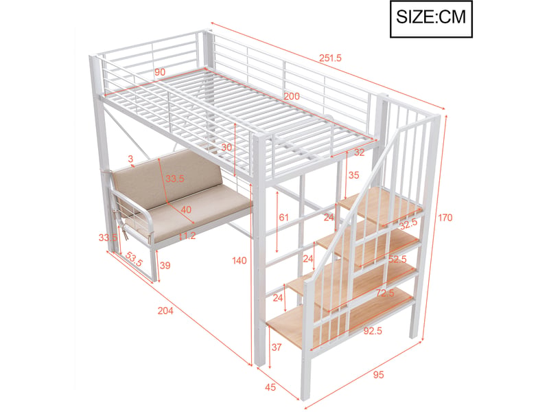 Lit superposé 90x200 cm escalier de rangement, canapé amovible en métal blanc - Conforama E