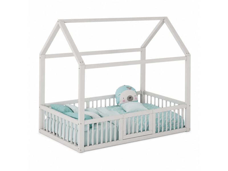  Lit cabane enfant 200×90 cm avec barrières de protection et portillon, en pin et mdf blanc  - Conforama A