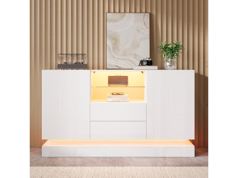  Buffet avec 2 portes, 2 tiroirs, niche led pour salon 140×40×80 cm en panneaux de particules blanc  - Conforama B