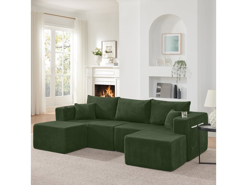 Canapé d'angle modulaire - 3 places - forme de l - ottomanes mobiles - tissu côtelé doux - porte-gobelets intégrés Vert - Conforama A