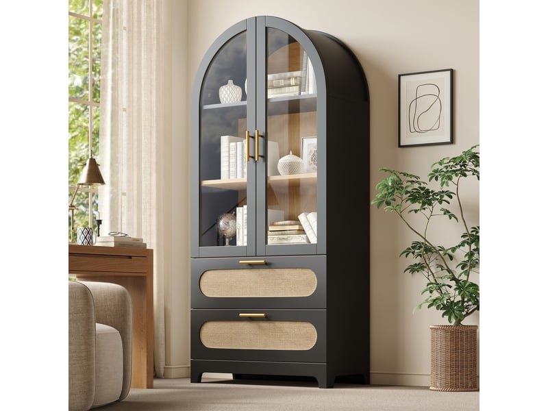 Bibliothèque noire en mdf, design montmartre avec vitres, 175x80x40cm, 2 tiroirs et étagères ajustables, style rétro, sécurisée pour enfants - Conforama E