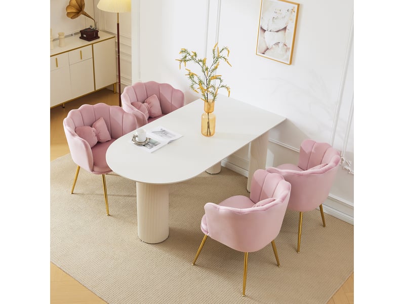  Lot de 4 fauteuils à dossier pétale en velours rose avec pieds en métal doré  - Conforama D