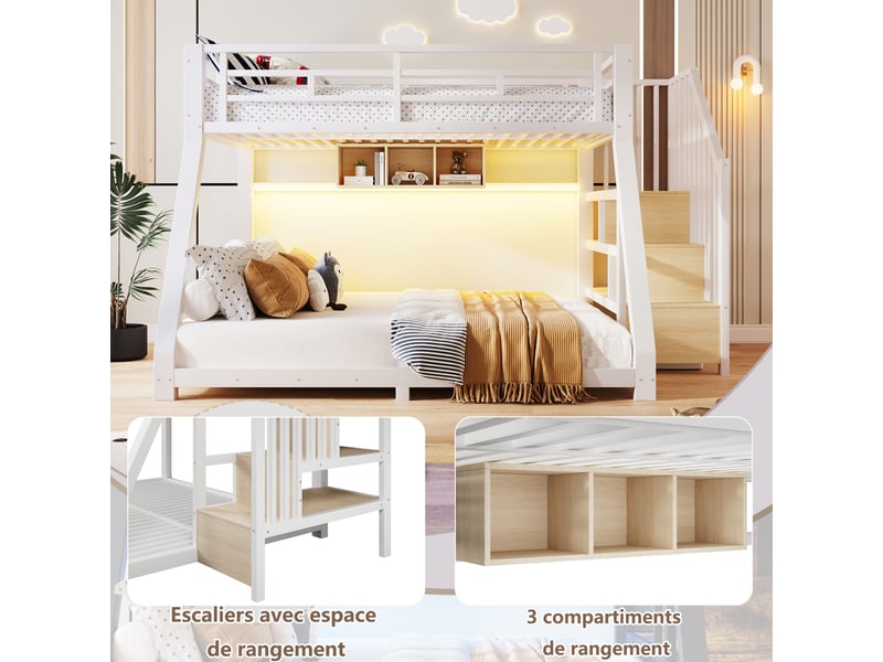  Lit superposé métal blanc 90x200 et 140x200 cm avec led, escalier de rangement, 3 compartiments et barrières, sans matelas BrimViber - Conforama D