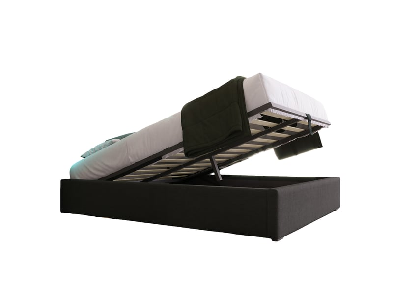  Lit coffre 140x200 cm - lit coffre double capitonné avec matelas inclus, led et ports usb type-c, tissu gris  - Conforama A