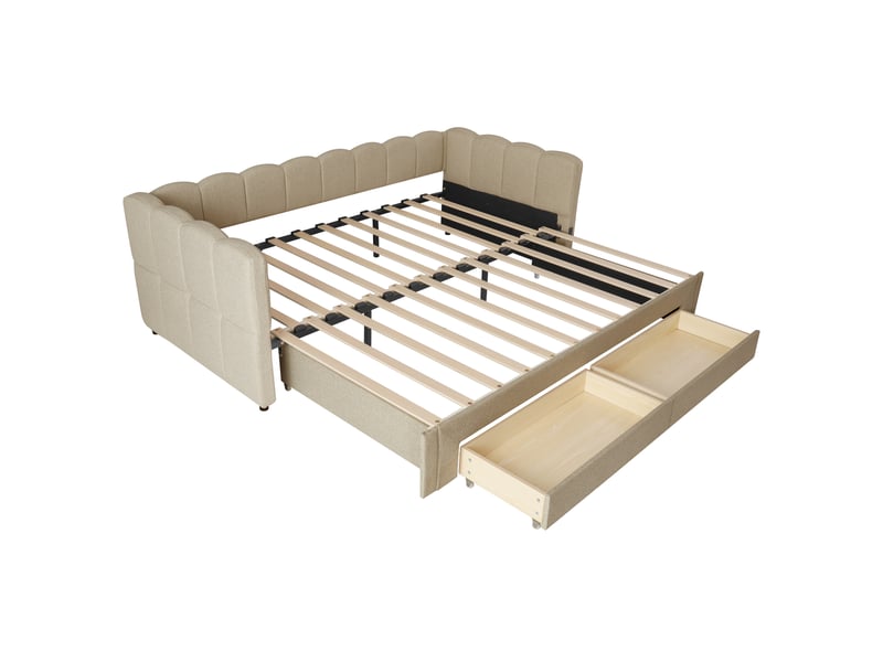  Lit rembourré 90x200 cm, lit de jour avec 2 tiroirs de rangement, canapé-lit a extensible à 180 cm, chenille beige, avec prise usb  - Conforama B