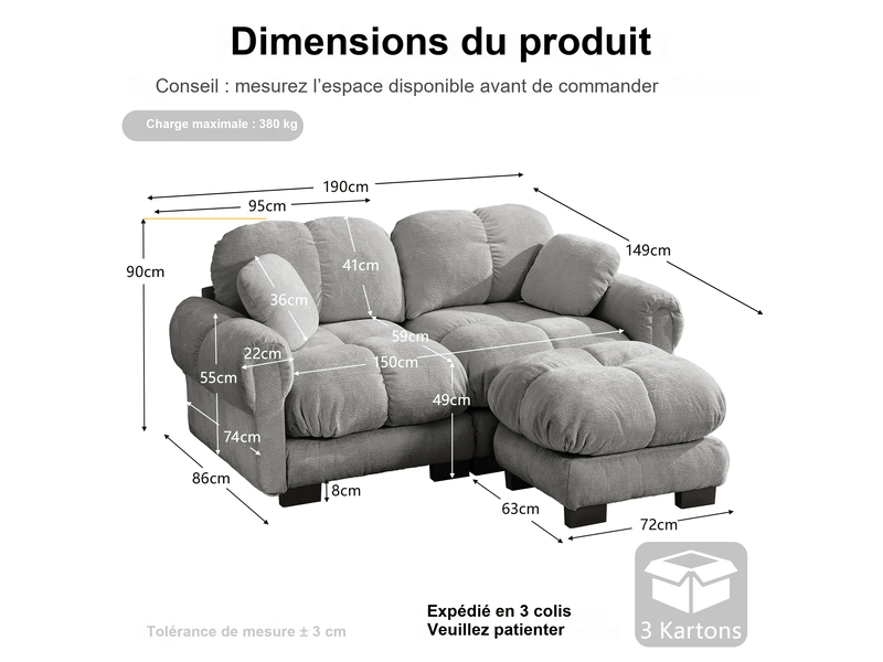  Canapé modulable 2 places en chenille gris clair 190 x 149 x 90 cm avec ottomane mobile, salon W3325S00470 - Conforama C