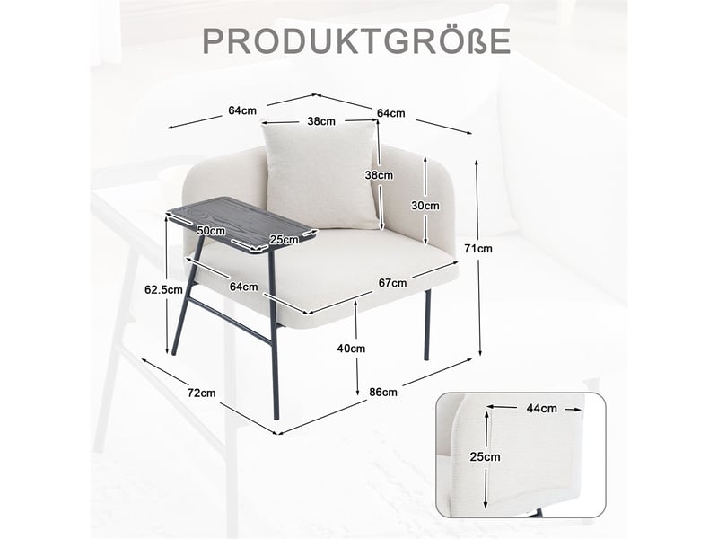  Fauteuil de salon moderne avec table d'appoint - 86x72x71cm - design avec poches de rangement et cadre métal - beige  - Conforama E