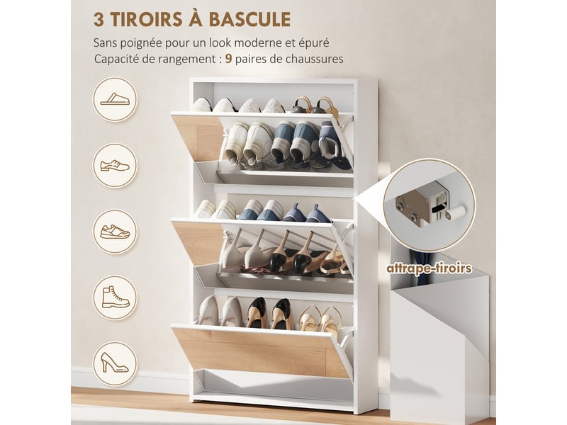  Meuble à chaussures 9 paires, armoire à chaussures étroite, 3 tiroirs rabattables et portes miroirs, 65x17x114,5cm blanc  - Conforama E