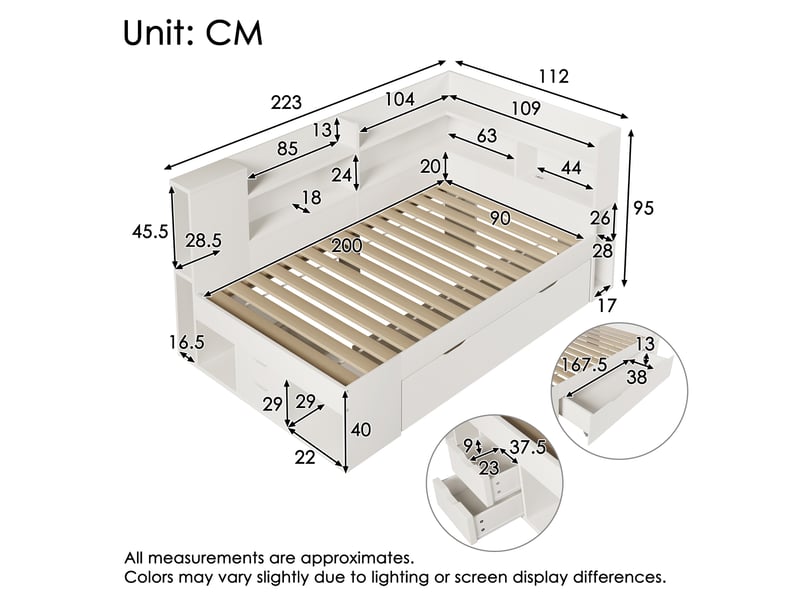  Canape lit 90x200 cm avec éclairage led et station de recharge usb et type-c, blanc, lit simple avec étagères et tiroirs  - Conforama C