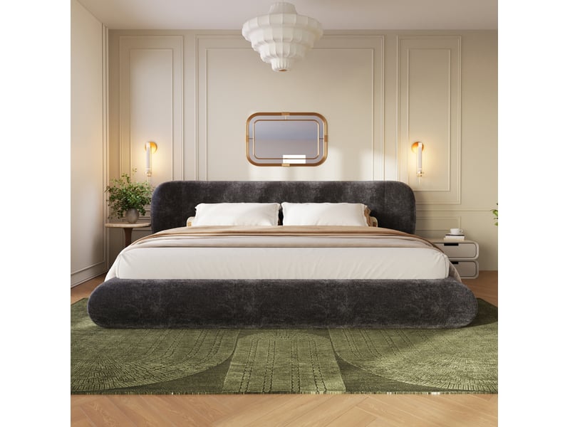 Lit double 140x200 cm en chenille gris avec tête de lit et sommier à lattes - Conforama D