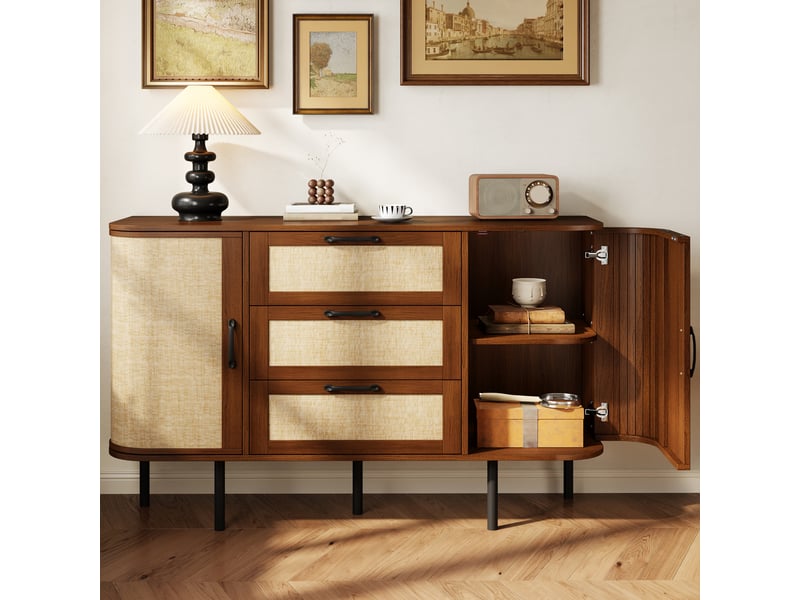  Buffet bas 120 cm en mdf noyer, 2 portes 3 tiroirs, coins arrondis, façades tressées, pieds métal noir pour salon  - Conforama W