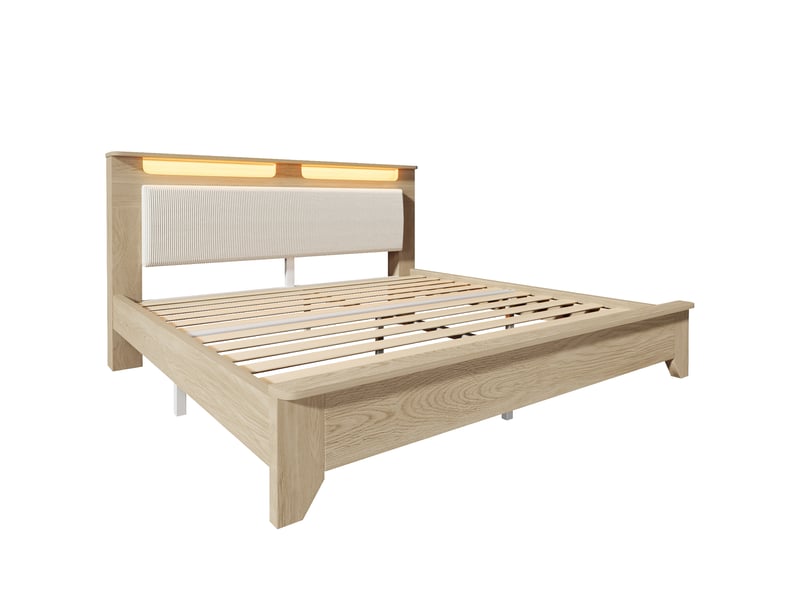 Lit double 160 × 200 cm, tête de lit led avec rangements, chêne clair IKSETERA TRADING LTD - Conforama R