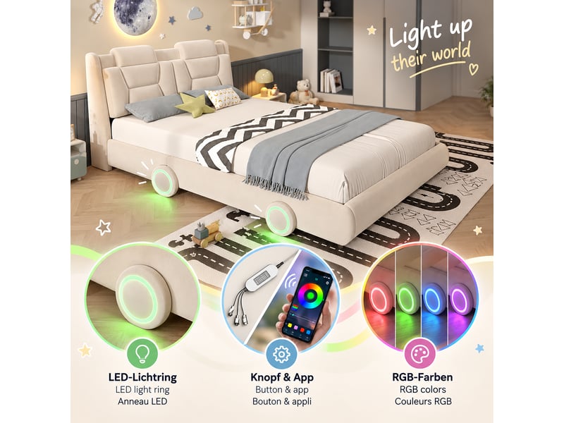  Lit enfant rembourré voiture 140x200 cm avec tête de lit réglable 2 hauteurs, dossier épais et roues led, flanelle beige crème  - Conforama E