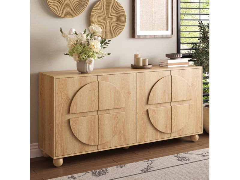  Buffet 4 portes 160x38x76 cm, étagères réglables en mdf et pin coloris naturel  - Conforama B