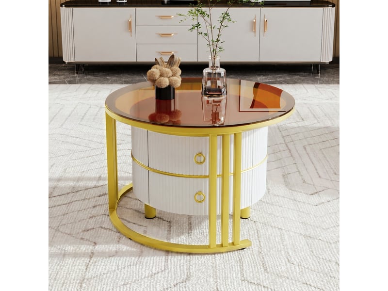  Ensemble de 2 tables basses rondes avec 2 tiroirs, blanc et doré, ø 70 et 50 cm  - Conforama D