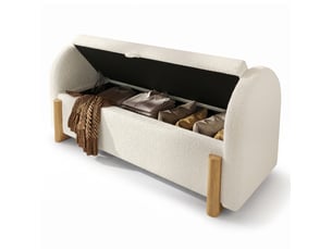 Banc de lit 106 cm - banc coffre de rangement bouclé blanc - ouverture hydraulique - pieds en bois massif