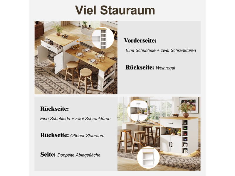  Îlot de cuisine noirblanc avec led, table extensible, 2 tiroirs, 4 portes, buffet et desserte fixe pour cuisine  - Conforama E