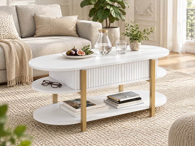 Table basse ovale relevable salon - rangement caché - 2 étagères ouvertes, table basse style crème minimaliste - panneaux cannelés verticaux, table basse multifonction à plateau réglable en hauteur pour salon - blanc - Conforama B