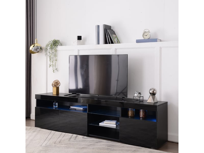  Meuble tv noir 180 cm moderne haute brillance avec éclairage led variable et étagères en verre  - Conforama B