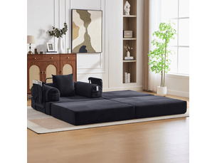 Fauteuil convertible 112 x 95 cm – noir – velours côtelé, coussin et rangement latéral pratique