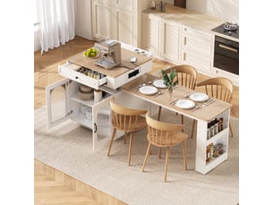 Îlot de cuisine sur roulettes table extensible 128-200 cm led multiprise usb tiroir blanc