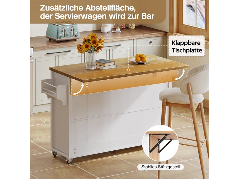  Îlot de cuisine 140x43 à 70x90,5 cm blanc avec plateau rabattable, 4 portes, 3 tiroirs et roulettes  - Conforama D