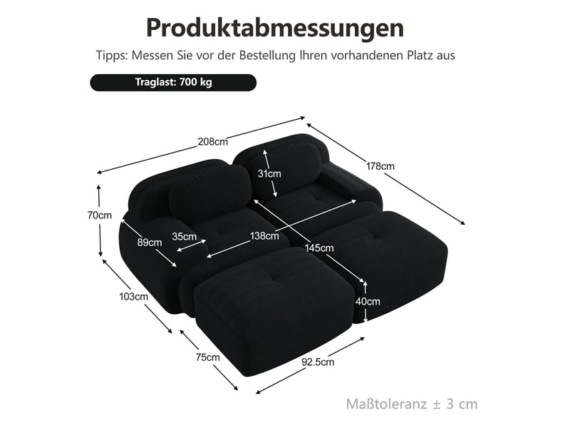  Canapé 2 places modulaire sans cadre en velours côtelé noir  - Conforama E