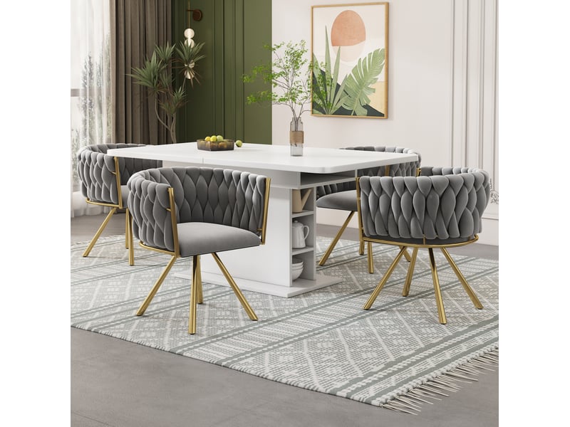 Lot de 6 chaises de salle à manger en velours, doré+gris, chaises pivotantes avec pieds en structure métallique  - Conforama E