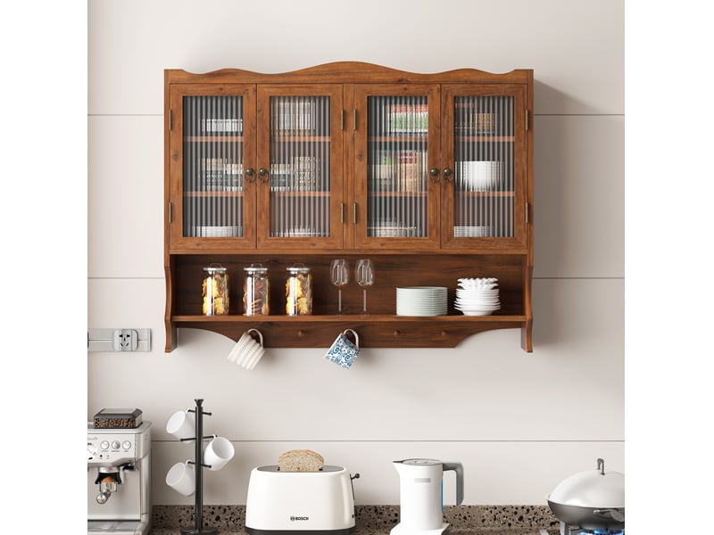  Armoire murale 4 portes avec étagères amovibles et crochets, pour cuisine, bois et verre marron, 100 × 20 × 80 cm  - Conforama B
