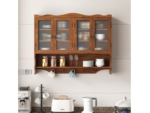 Armoire murale 4 portes avec étagères amovibles et crochets, pour cuisine, bois et verre marron, 100 × 20 × 80 cm
