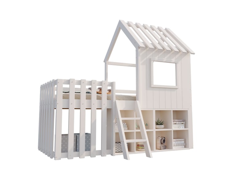 Lit mezzanine enfant maison 90 x 200 cm avec toit, fenêtre, rangement ouvert et échelle, sans matelas - Conforama A