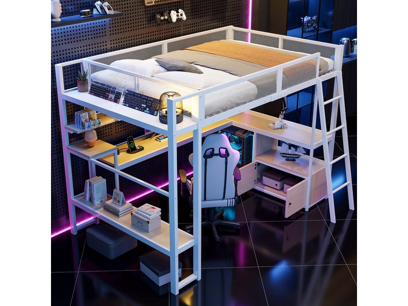 Lit mezzanine 140 x 200 cm, lit enfant surélevé, bureau intégré, étagères ouvertes, éclairage led, échelle, barrières de sécurité, métal, blanc Morn Vibe - Conforama B