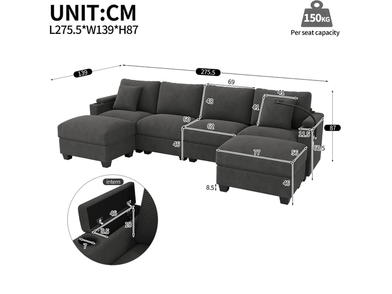  Canapé d'angle modulable u 275,5x139x87 cm, velours côtelé gris, fonction lit, avec repose-pieds, ports usb+usb-c  - Conforama C
