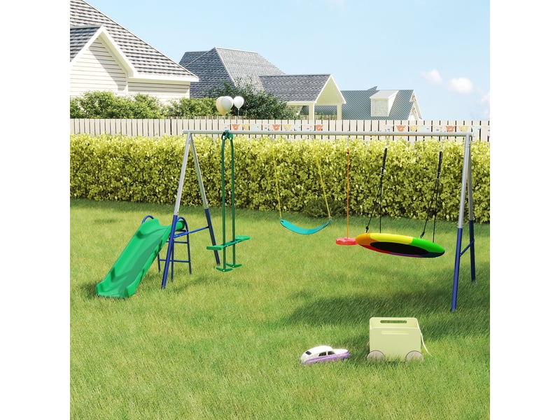  Balançoire portique enfants 5 en 1 avec toboggan, 3 balançoire, face à face, hauteur réglable, 3-8 ans, multicolore  - Conforama B