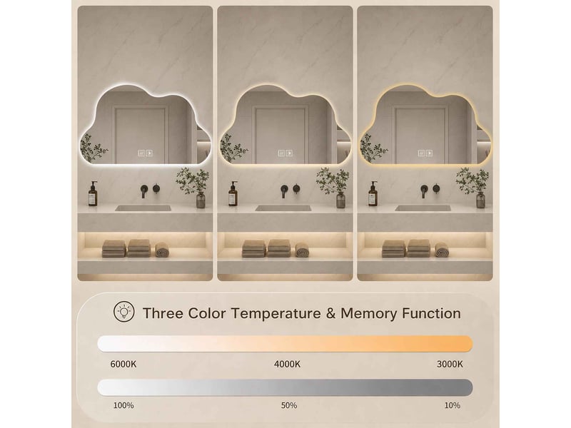 Miroir led 70 x 50 cm blanc en verre forme nuage sans cadre tactile antibuée 3 couleurs pour salle de bain - Conforama E