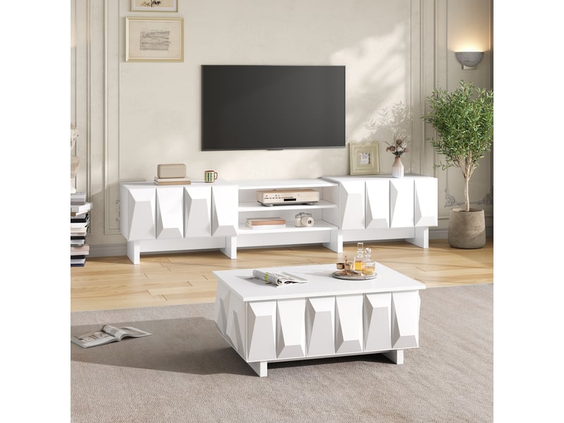  Ensemble salon meuble tv et table basse en panneau de particules avec relief, 4 portes et niche ouverte pour le séjour  - Conforama B
