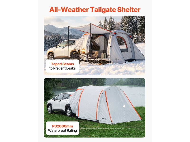  Vevor tente de hayon gonflable pour 4 a 6 personnes, tente arriere de voiture 2,44x2,04 m, pour camping randonnee suv fourgon, auvent de coffre double usage, impermeable pu2000 mm, pompe a air incluse  - Conforama E