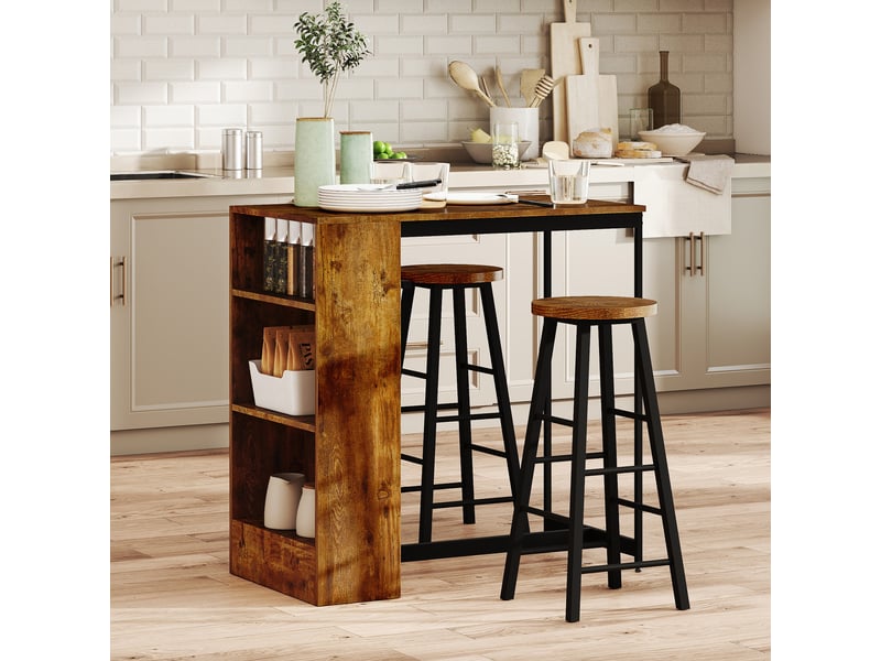  Ensemble barrepas style industriel à 3 niveaux avec 2 tabourets hauts et repose-pieds, marron  - Conforama D