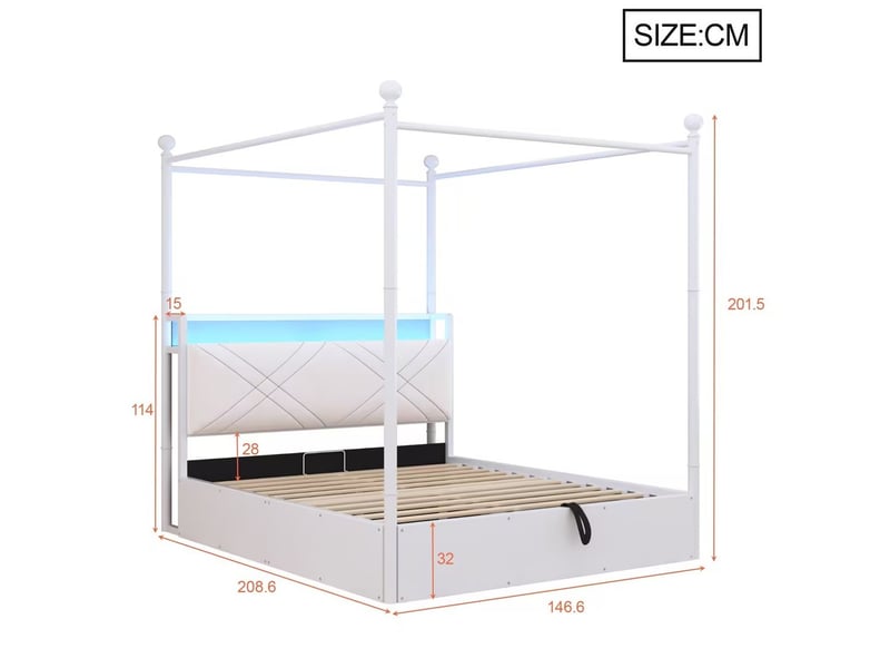  Modenvie lit à baldaquin 140x190 cm - rangement hydraulique, led et ports usb-c - pour petit espace - blanc  - Conforama C