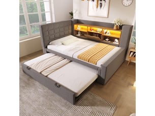 Lit simple rembourré 90 x 200 cm, gigogne 90 x 190 cm, led, coffre, tête en l, sommier lattes, lin gris, sans matelas