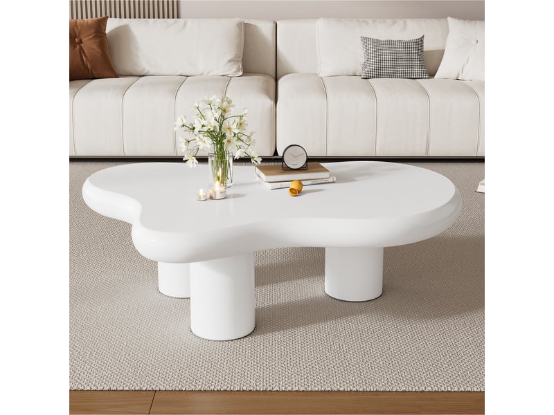  Table basse nuage blanche en mdf 97x67x32 cm, table de salon irrégulière avec patins en feutre pour salon moderne  - Conforama B